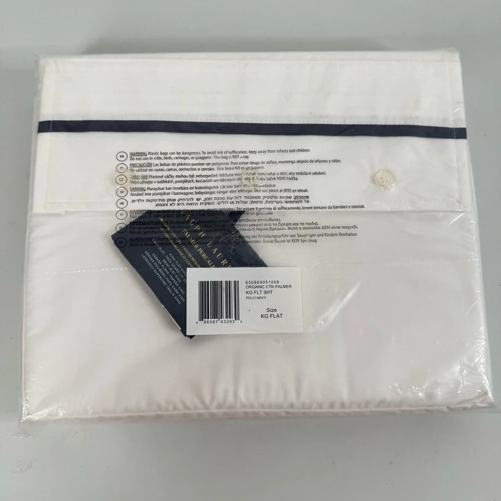 Ralph Lauren New Palmer Percale Organic Cotton Navy‎ Trim King Flat Sheet